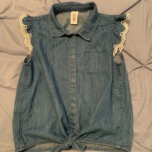 Ruffle Sleeve Denim Tie Front Shirt